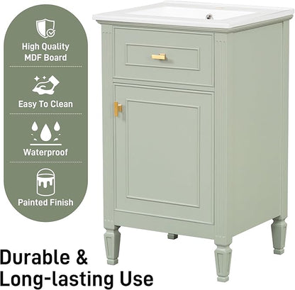 GDFStudio Hawthorne 20" Modern Bathroom Vanity with Sink, Freestanding Bathroom Vanity Organizer with Tilt Out Drawer, Adjustable Shelf and Solid Wood Legs, Single Sink Bathroom Vanity, Green
