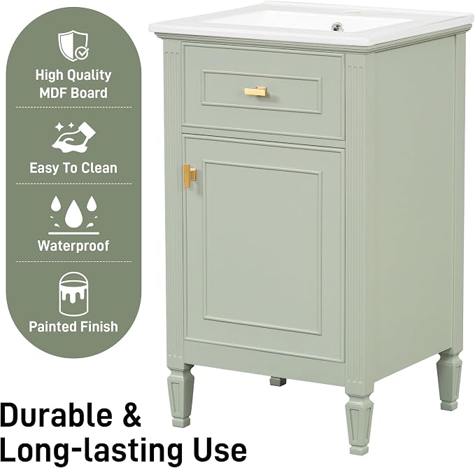 20" Bathroom Vanity with Ceramic Sink Top, Tip-Out Drawer, Door Rack, Adjustable Shelf, Solid Wood Legs, Soft-Closing Door, Green
