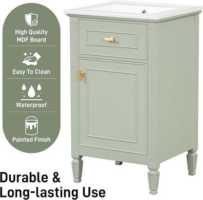 20" Bathroom Vanity with Ceramic Sink Top, Tip-Out Drawer, Door Rack, Adjustable Shelf, Solid Wood Legs, Soft-Closing Door, Green