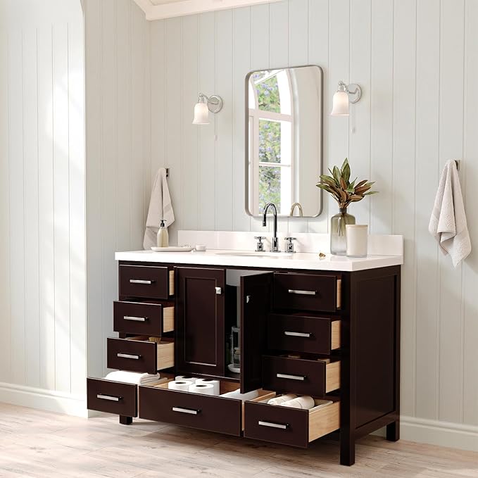 ARIEL 55" Espresso Bathroom Vanity with 1.5" Edge Pure White Quartz Countertop & Backsplash, Center Oval Sink, 2 Soft Closing Doors, 9 Full Extension Dovetail Drawers, Satin Brass