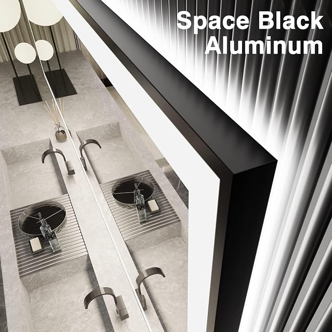 EchosLife 60x36 LED Mirror for Bathroom - Black Aluminum Framed | Black Frame, Front and Backlit, Anti-Fog, Stepless Dimmable, 3 Colors, Memory, Tempered Glass, UL Listed, Horizontal/Vertical