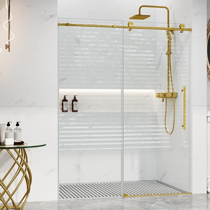 Shower Glass Door with Waterroof Seal Strip (56-60" W x 75 "H), Frameless Shower Sliding Door with Clear SGCC Tempered Glass 5/16" (8mm), Stainless Steel Hardware, Gold