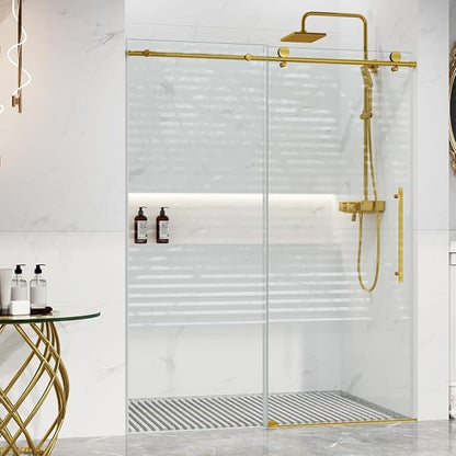 Shower Glass Door with Waterroof Seal Strip (56-60" W x 75 "H), Frameless Shower Sliding Door with Clear SGCC Tempered Glass 5/16" (8mm), Stainless Steel Hardware, Gold