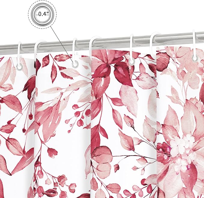 Pink Eucalyptus Shower Curtain, Watercolor Floral Print, 72x78 | Watercolor Plant Leaves Floral Print, Waterproof Fabric Bathroom Decor, Machine Washable, Rustproof Grommets