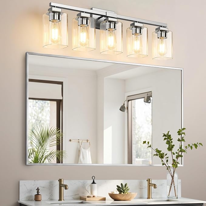 31” Bathroom Light Fixtures, 5-Light Vanity Light Brushed Nickel | Square Clear Glass & Durable Metal, Quick & Easy Installation, Standard E26 Socket, Bright Bathroom Lighting