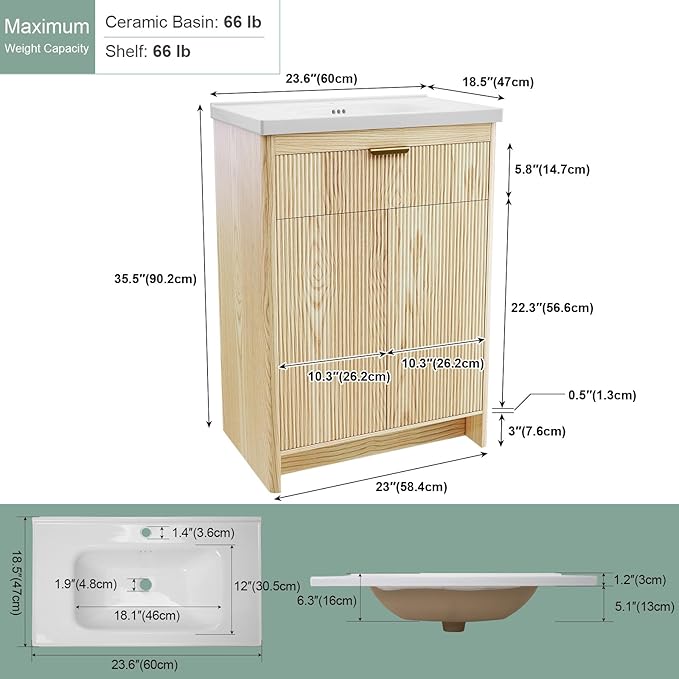 24 Inch Bathroom Vanity with Sink, Bathroom Vanity Cabinet with Single Sink, Bath Vanities with 2 Doors and 1 Flip Drawer, Natural Oak (19" D x 24" W x 36" H)