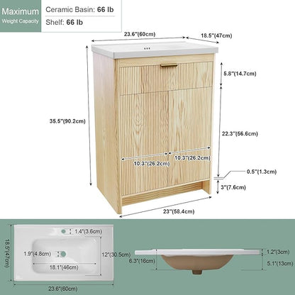 24 Inch Bathroom Vanity with Ceramic Sink, Small Bathroom Sink Cabinet with Fluted Doors and Flip Drawer, Single Sink Bath vanities Combo, Natural Oak (19" D x 24" W x 36" H)