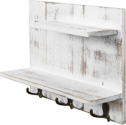 MyGift 2 Tier Wall Mounted Shabby White Washed Solid Wood Bathroom Storage Shelves, Decorative Entryway Floating Shelf Rack with 6 Hooks for Hanging Towels | Shabby Chic Finish, Six Hanging Points, Two Level Design, Space Saving Solution, Rustic Home A...