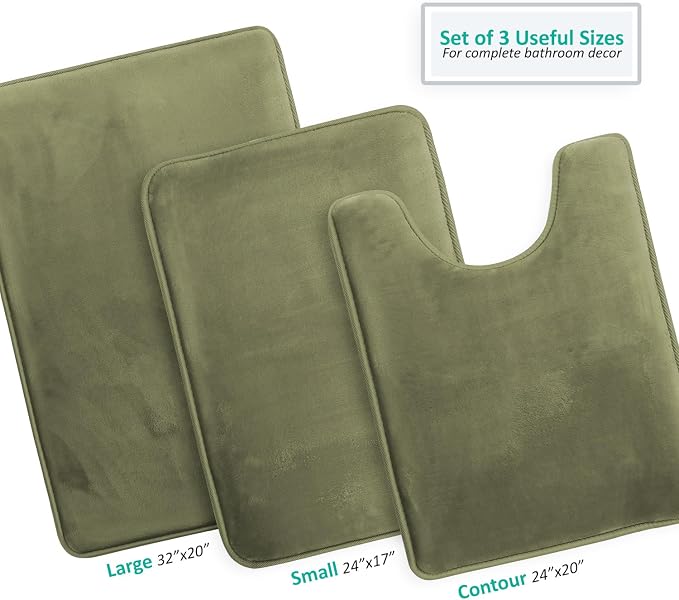 Clara Clark 3 Piece Bathroom Rugs Bath Mat Set, Velvet Memory Foam Bath Mats for Bathroom - Non-Slip, PVC Backing Bath Rugs, Washable - Dries Quickly, Green