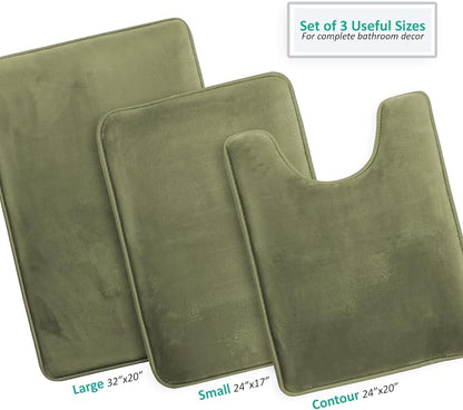 Clara Clark 3 Piece Bathroom Rugs Bath Mat Set, Velvet Memory Foam Bath Mats for Bathroom - Non-Slip, PVC Backing Bath Rugs, Washable - Dries Quickly, Green