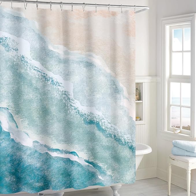 Beach Ocean Themed Shower Curtain, Teal Blue Cute Nautical Coastal Shower Curtains for Bathroom Decor, Summer Tropical Fabric Shower Curtain Set with Hooks, 72x72