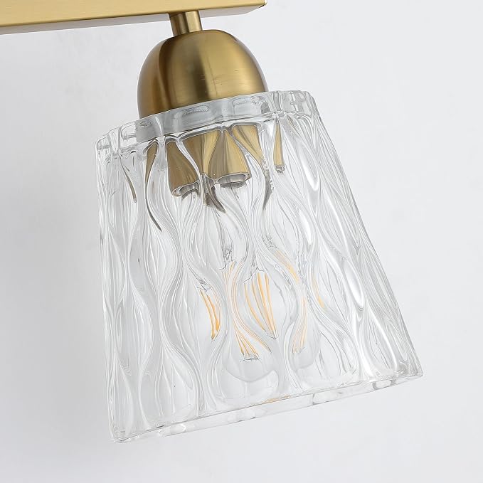 Mecgirn Stainless Steel Bathroom Vanity Light Over Mirror, 3 Light Brushed Gold Bathroom Light Fixtures with Textured Glass Shades, Modern Vanity Lighting Wall Mount