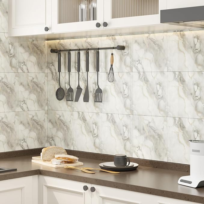 10pcs Marble Peel and Stick Backsplash Wall Tiles, Waterproof Shower Wall Panels, 11.8"x11.8" Peel and Stick Tile for Home Bathroom, Kitchen, Washroom, Living Room, White and Gold (Not Real Tile)