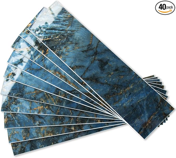 AULIGET 40-Piece Polished Blue Marble Peel and Stick Backsplash Wall Tiles, 3" x 12" PVC Faux Stone Stick on Tiles for Backsplash Kitchen, Bathroom, Laundry Room, Camper, Fireplace