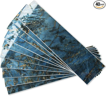 AULIGET 40-Piece Polished Blue Marble Peel and Stick Backsplash Wall Tiles, 3" x 12" PVC Faux Stone Stick on Tiles for Backsplash Kitchen, Bathroom, Laundry Room, Camper, Fireplace