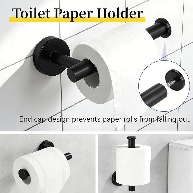 HOMOTEK 4 Pieces Bathroom Accessories Hardware Set, 24 inch Towel Bar, Towel Ring, Robe Hook, Toilet Paper Holder, Stainless Steel Rack Kit Wall Mounted, Matte Black