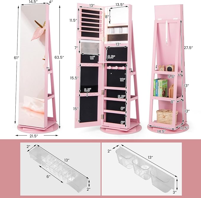 GOFLAME 360° Rotating Jewelry Cabinet with Full-Length Mirror, Freestanding Jewelry Armoire with 3-Color LED Light and Back Storage Shelf, Lockable Jewelry Organizer for Bedroom Cloakroom, Pink