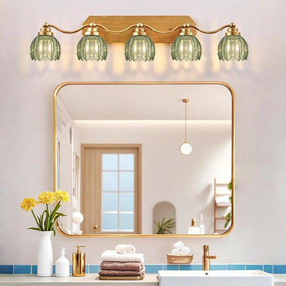 Gold Vanity Light, Vintage Tulip Green Glass Shade, Antique Brass Finish | 5 Light Brushed Gold Bathroom Light Fixtures, Crystal Wall Sconce, Mounted Over Mirror for Bedroom Hallway, Easy to Install