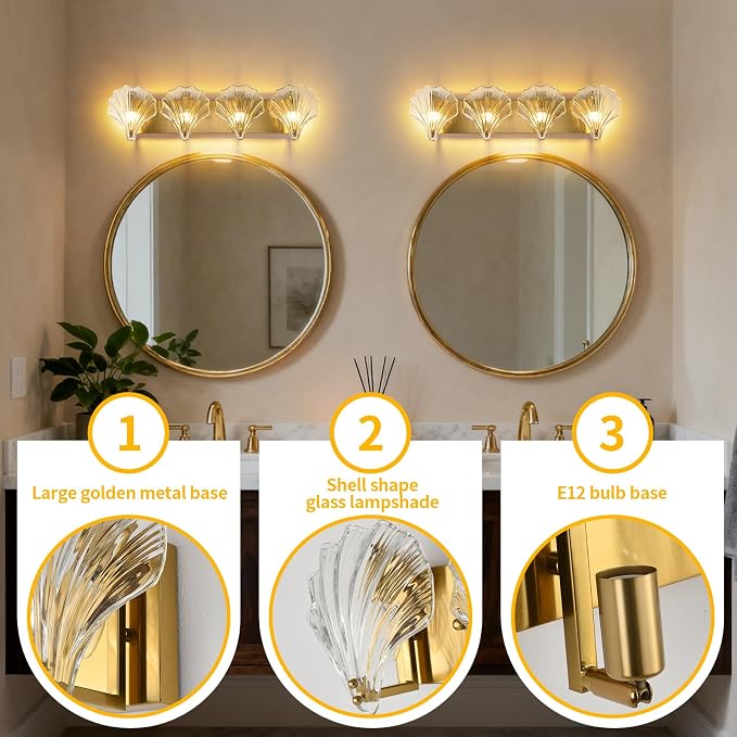 Bathroom Light Fixtures, 4-Lights Vanity Lights Over Mirror, Modern Bathroom Wall Light with Clear Shell Shaped Glass Shades, Gold Crystal Wall Light for Bedroom Living Room Hallway Kitchen