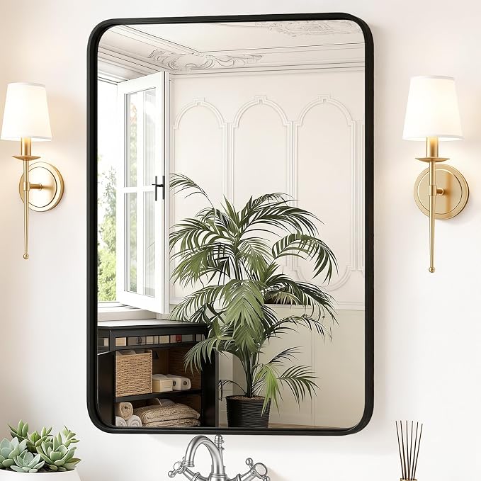 Sweetcrispy Bathroom Wall Mirror, 40x30 Inch Mirror for Over Sink, Black | Modern Wall Mount Vanity Mirror, Rounded Rectangle with Matte Brush Metal Framed, for Home Decor, Living Room, Bedroom