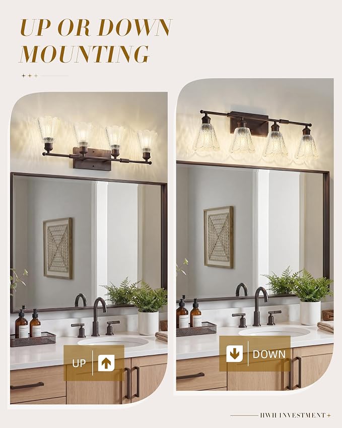HWH 4-Light Bathroom Vanity Light, Clear Floral Glass, 5HJX110B-4W ORB | Oil-Rubbed Bronze Finish, Farmhouse, Wall Light Sconces for Bathroom, Bathroom Mirror Wall Light, Standard E26 Bulb Socket