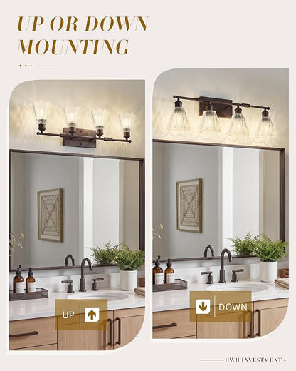 HWH 4-Light Bathroom Vanity Light, Clear Floral Glass, 5HJX110B-4W ORB | Oil-Rubbed Bronze Finish, Farmhouse, Wall Light Sconces for Bathroom, Bathroom Mirror Wall Light, Standard E26 Bulb Socket