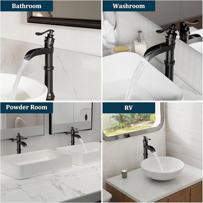 Oil Rubbed Bronze Vessel Sink Faucet Brass Tall Waterfall Bathroom Faucet | Single Handle Bathroom Sink Faucets with Pop Up Drain Without Overflow and Supply Hoses Mixer Tap Deck Mount by BATHLAVISH