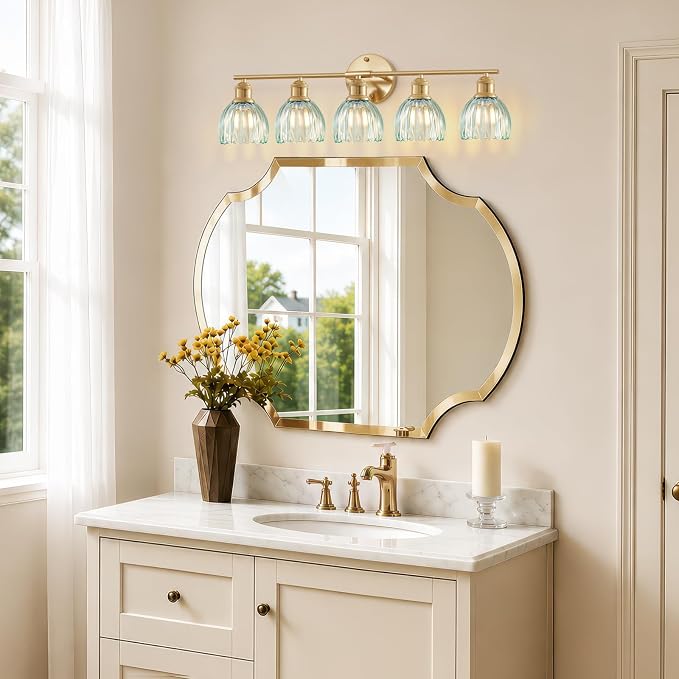 Bathroom Light Fixtures, 5-Light Brushed Gold Vanity Lights for Bathroom with Blue Tulip Glass Shade, 30" Vintage Bathroom Vanity Lighting Fixtures Over Mirror for Bedroom Living Room Hallway
