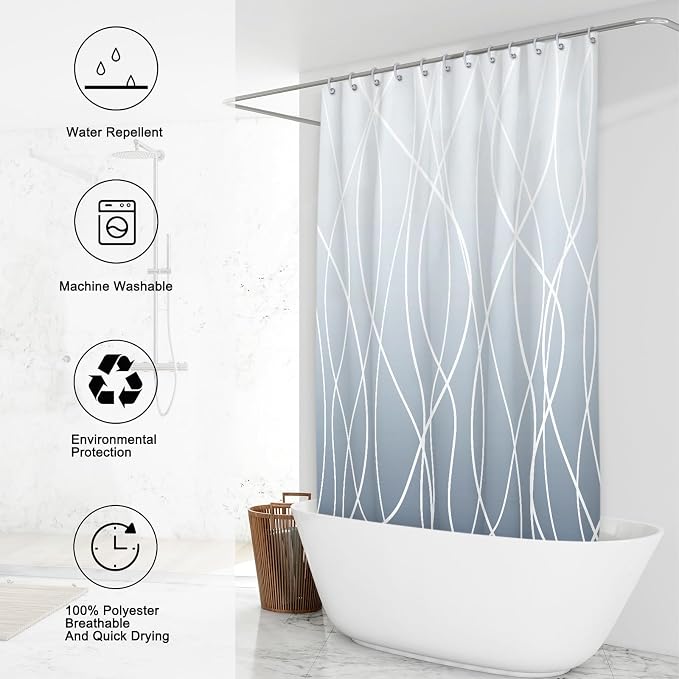 Striped Shower Curtain for Bathroom, Ombre Blue, 72" W x 72" L | with Hooks, Modern Hotel Style, Water Repellent, Washable, Weighted Hem