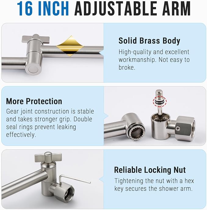 G-Promise 16 Inch All Metal Rain Shower Head with Extension Arm | Built to Last, Rust Resistant, Easy to Install, Adjustable, Full Body Coverage Large Rainfall Shower Head, Daily SPA