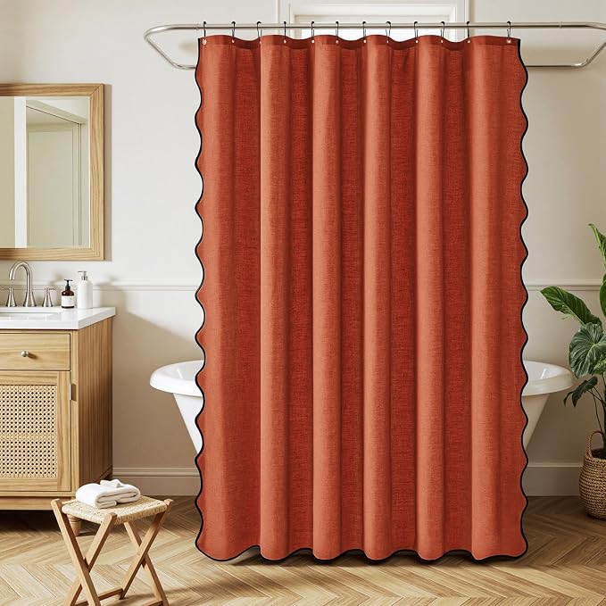 MIULEE Burnt Orange Scalloped Linen Shower Curtain 72W x 72L | 12 metal hooks, Linen scalloped, waterproof washable, thick heavy cloth, black border, boho farmhouse, bathroom hotel use
