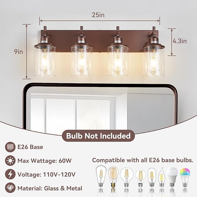 4-Light Bronze Bathroom Light Fixtures Over Mirror, Modern Bathroom Vanity Light with Clear Glass Shade, Wall Sconce for Bathroom Hallway Cabinet Bedroom