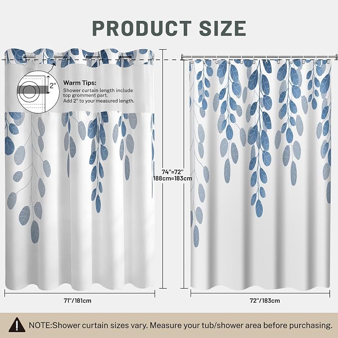 No Hook Floral Shower Curtain with Liner, Blue, 71x74 | Snap in Liner, 3 in 1, Water Repellent, Easy Install, Machine Washable, Hotel Style for Bathroom, Watercolor Pattern
