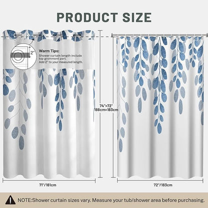 No Hook Floral Shower Curtain with Liner, Blue, 71x74 | Snap in Liner, 3 in 1, Water Repellent, Easy Install, Machine Washable, Hotel Style for Bathroom, Watercolor Pattern