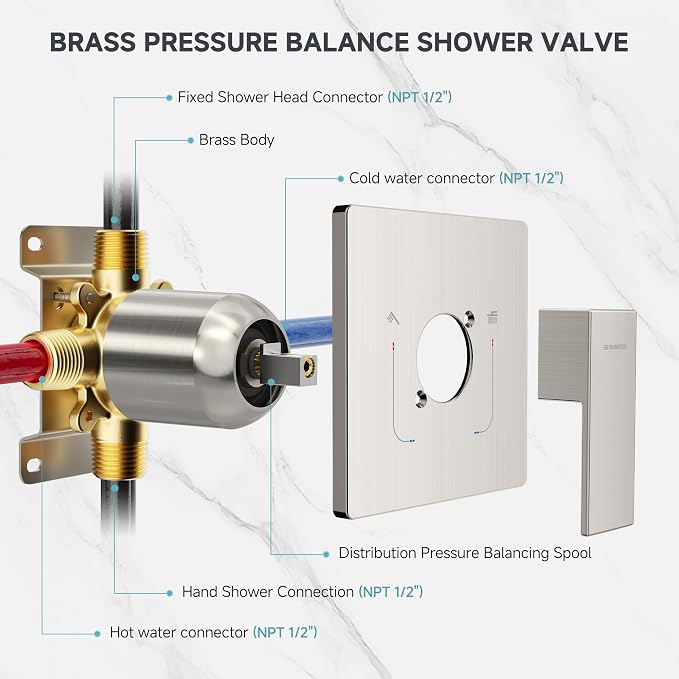 SR SUN RISE Shower Faucet Set & System - 10 Inch Rainfall Shower Head & Handle Set Wall Mounted Brushed Nickel Solid Brass Valve Trim Kit Included