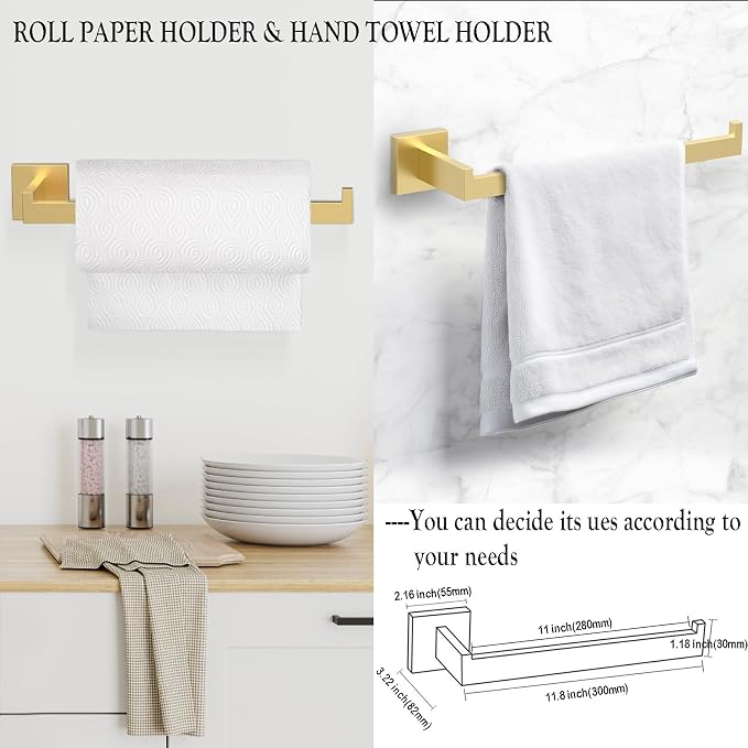 BOZWELL 5 Piece Light Brushed Gold Stainless Steel Towel Bar Set, 23.6 inch Square Bathroom Hardware Accessories Set,Wall Mounted Towel Racks for Bathroom with TP