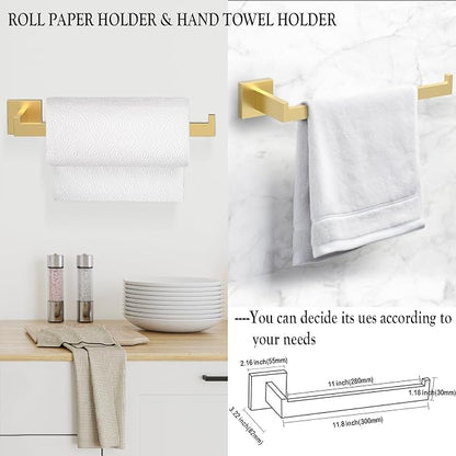 BOZWELL 5 Piece Light Brushed Gold Stainless Steel Towel Bar Set, 23.6 inch Square Bathroom Hardware Accessories Set,Wall Mounted Towel Racks for Bathroom with TP