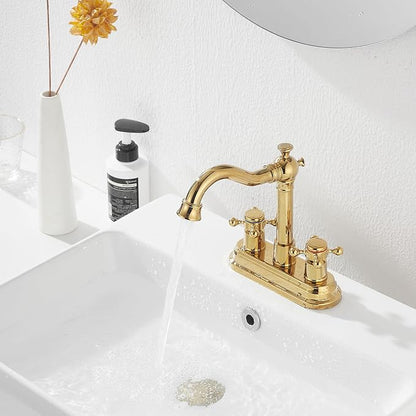 Bathroom Faucet Polished Gold GGStudy 2 Handles 4 Inches Centerset Bathroom Vanity with Drain Assembly and Supply Hose Lavatory Faucet Mixer Double Handle Tap