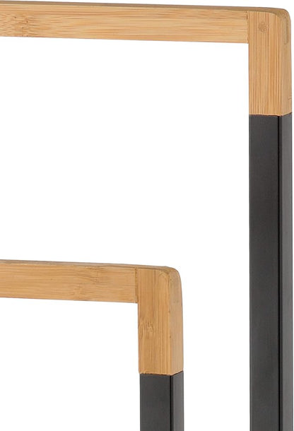 MyGift 33 Inch Free Standing Towel Rack for Bathroom, Freestanding Bath Towel Holder with 2 Tier Bamboo Wood Bar and Black Chrome Plated Metal, Drying Rack Stand Laundry