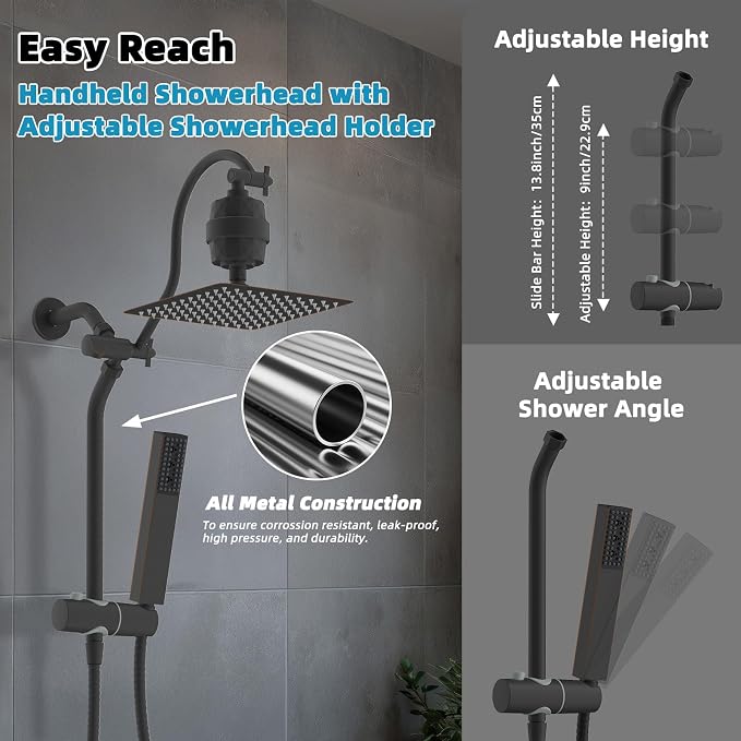 Hibbent 10'' Filtered Shower Head with 4-Spray Handheld, Oil Rubbed Bronze | High Pressure Showerhead Combo, 12'' Adjustable Extension Arm, Shower Filter, Extension Bar, Easy Reach Holder, 71'' Hose