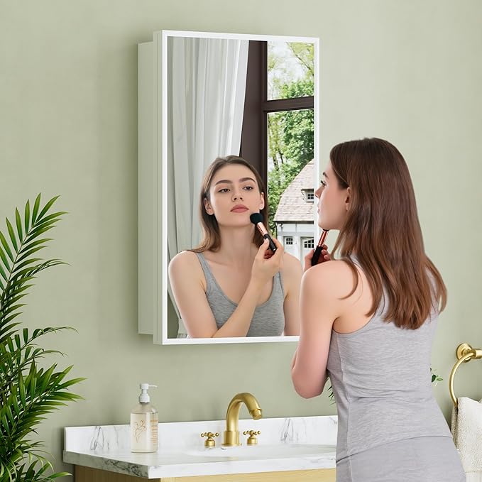 Buruis 14"x 24" Small Framed Medicine Cabinet with Mirror, Compact Recessed or Wall Mounted Bathroom Cabinet, Adjustable Tempered Glass Shelves, Left/Right Open Reversible, No Assembly Required, White
