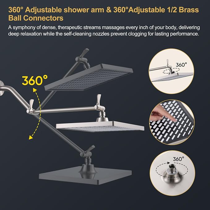 Cobbe Rainfall Shower Head for Bathroom, 11.8 Inch Large Rectangular with Adjustable Stainless Steel 11 Inch Extension Arm - Premium Quality Luxury Experience, No Tools Installation, Brushed Nickel
