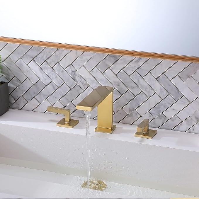 VCCUCINE Gold Bathroom Faucet, Modern Commercial 2 Handle 3 Holes Brushed Gold Widespread Bathroom Brass Lavatory Vanity Sink Faucet with Water Supply Lines,DSTVC051-2GN