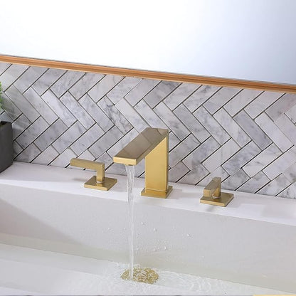 VCCUCINE Gold Bathroom Faucet, Modern Commercial 2 Handle 3 Holes Brushed Gold Widespread Bathroom Brass Lavatory Vanity Sink Faucet with Water Supply Lines,DSTVC051-2GN
