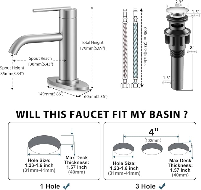 Brushed Nickel Bathroom Faucet for Single Handle,HURRAN Bathroom Faucet 1 Hole with Pop-up Drain and Deck,Fits 1 Hole or 3 Hole Installations for Vanity,Bathroom & RV