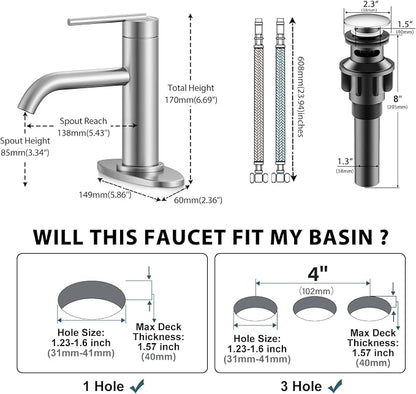 Brushed Nickel Bathroom Faucet for Single Handle,HURRAN Bathroom Faucet 1 Hole with Pop-up Drain and Deck,Fits 1 Hole or 3 Hole Installations for Vanity,Bathroom & RV