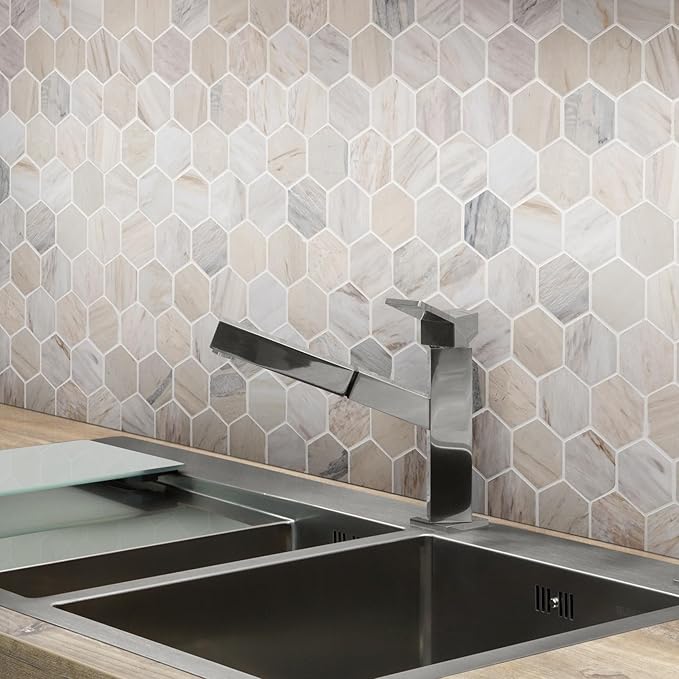 MSI Angora 12 in. x 12 in. Polished Marble Hexagon Tile for Kitchen Backsplash, Floor Tile, Wall Tile for Bathroom, Shower Wall Tile, Mesh Mounted Mosaic Tile