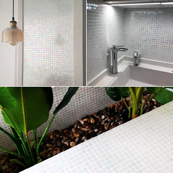 11.5sq.ft Iridescent White Glass Mosaic Tile for Bathroom, Pool, Backsplash | Waterproof Wall & Floor Tile. Heat & frost resistant outdoors. Mesh-mounted easy install. Use any grout. Easy clean. 10pcs.