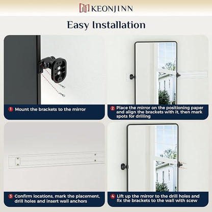 Keonjinn 20x30 Inch Black Povit Mirror for Bathroom, Tilt Mirror, Beveled | Tenmpered Glass, Rectangle, Adjustable Bathroom Mirrors for Over Sink, Farmhouse, Metal Framed, Horizontal/Vertical