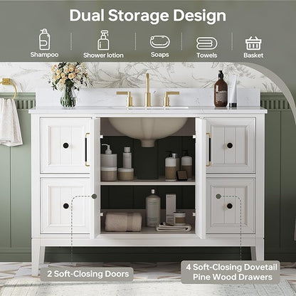 48 Inch Bathroom Vanity with Sink, Fully Assembled Solid Wood Bathroom Vanities with Engineered Stone Top, 48 Inch Modern Vanity, 2 Soft Closing Doors & 4 Dovetail Drawers, White
